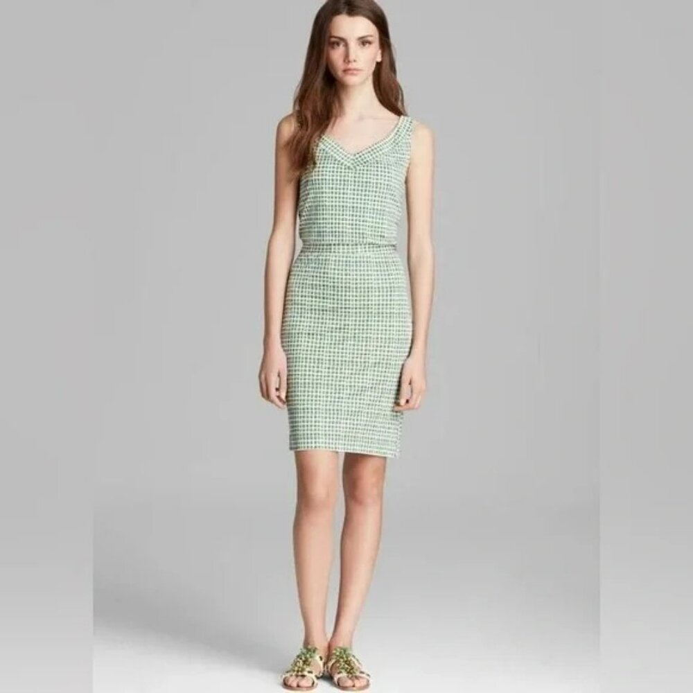 Tory Burch Paris 100% Silk Dress Green Windowpane Sleeveless XS Retro V Neck. - Picture 1 of 4